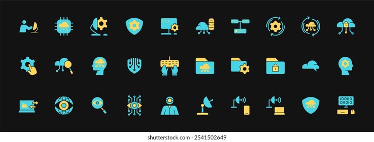 Icon Flat Information Technology icon set. Included cloud computing, IT manager, big data, internet, network security, spyware, cloud computing, binary code and more. Fill colors style