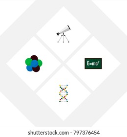 Icon flat knowledge set of nuclear, formula, telescope and other vector objects. Also includes glass, telescope, molecule elements.