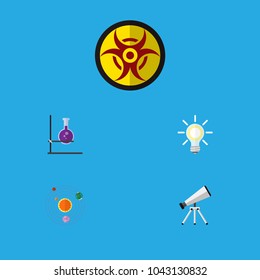 Icon flat knowledge set of telescope, solar system, biohazard and other vector objects. Also includes solar, danger, light elements.