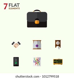 Icon flat lifestyle set of double bed, suitcase, pendulum and other vector objects. Also includes pendulum, smartphone, handbag elements.