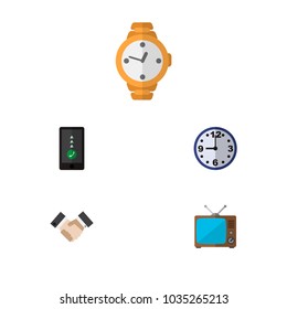 Icon flat lifestyle set of handshake, clock, old tv vector objects. Also includes clock, greeting, time elements.