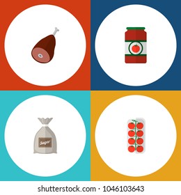 Icon flat meal set of sugar bag, love apple, ham and other vector objects. Also includes tomato, love, bag elements.