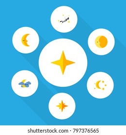 Icon flat midnight set of nighttime, night sky, crescent and other vector objects. Also includes moon, star, sky elements.