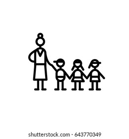 Icon flat minimal style vector. Kindergarten, group educator and three children are holding hands