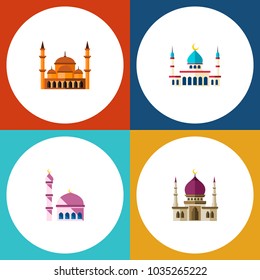 Icon flat mosque set of muslim, mosque, architecture and other vector objects. Also includes mosque, structure, minaret elements.