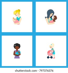 Icon flat mother set of newborn baby, parent, perambulator and other vector objects. Also includes baby, parent, newborn elements.