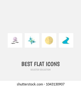 Icon flat natural set of moon, river, butterfly and other vector objects. Also includes moon, gull, monarch elements.