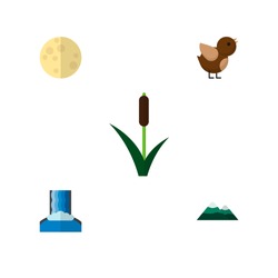 Icon Flat Natural Set Of Reed, Moon, Waterfall And Other Vector Objects. Also Includes Pinnacle, Sky, Wing Elements.