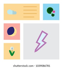Icon flat nature set of cloud, thunder, dandelion vector objects. Also includes cloud, storm, midnight elements.