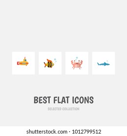 Icon flat nature set of gray fish, tuna, submarine and other vector objects. Also includes fish, seafood, underwater elements.