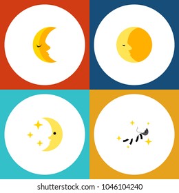 Icon flat night set of nighttime, moon, crescent and other vector objects. Also includes moon, nighttime, lunar elements.