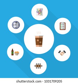 Icon flat oneday set of checklist, clock, coffee and other vector objects. Also includes questionnaire, table, map elements.