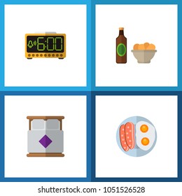 Icon flat oneday set of double bed, breakfast, snacks and other vector objects. Also includes bed, chips, electric elements.