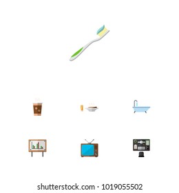 Icon flat oneday set of shower, old tv, toothbrush and other vector objects. Also includes toothbrush, shower, cappuccino elements.