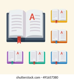 Icon flat open book with a page bookmarked with a capital letter A. Vector illustration