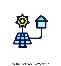 Icon Flat Outline house powered by solar sun energy. Free energy, ecology, renewable, green energy and solar power plant concept. Colourful and Line color icon.
