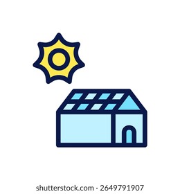 Icon Flat Outline house roof with solar panel. Free energy, ecology, renewable, green energy and solar power plant concept. Colourful and Line color icon.