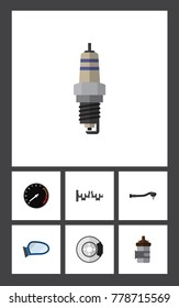 Icon flat parts set of spare parts, steels shafts, absorber and other vector objects. Also includes shafts, wing, mirror elements.
