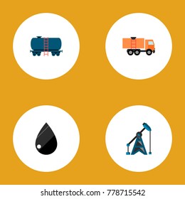 Icon flat petrol set of truck, tanker, liquid drop and other vector objects. Also includes oil, pump, droplet elements.