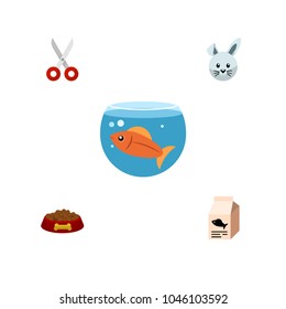 Icon flat pets set of hound eating, feeding box, scissors and other vector objects. Also includes fish, food, fishbowl elements.