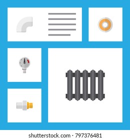 Icon flat pipeline set of radiator, drain, and other vector objects. Also includes pipe, thermostat, scale elements.