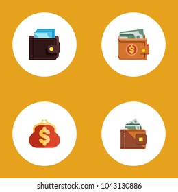 Icon flat purse set of billfold, cash, saving and other vector objects. Also includes saving, wallet, pouch elements.