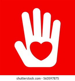 Icon flat red hand with heart. Heart on palm. Symbol of love, safety concerns. Template for Valentine Day, Christmas, medicine and philanthropy. Vector illustration. Objects isolated on background.