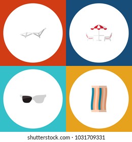 Icon flat season set of beach table, towel, sunbed and other vector objects. Also includes recliner, cloth, beach elements.