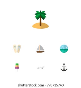 Icon flat season set of ice cream, palm, sea and other vector objects. Also includes flop, sea, bird elements.