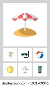 Icon flat season set of solar, ball, plane and other vector objects. Also includes sun, diving, aircraft elements.
