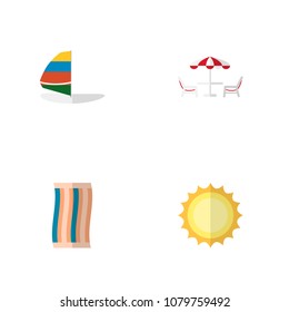 Icon flat season set of solar, sailboard, beach table and other vector objects. Also includes cloth, wiper, sun elements.