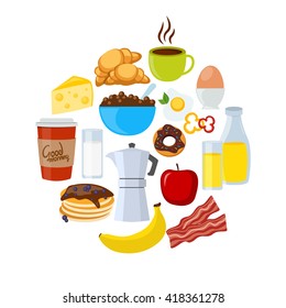 Icon flat set arranged in circle with elements of breakfast  dishes and food for luncheon vector illustration