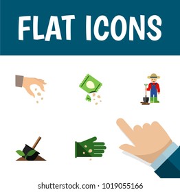 Icon flat sow set of hand, shovel, legume vector objects. Also includes seed, shovel, sow elements.