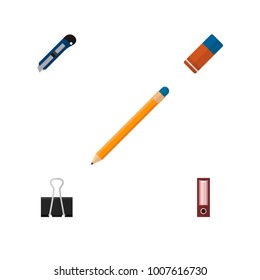 Icon flat stationery set of pencil, cutter, pushpin and other vector objects. Also includes clip, rubber, dossier elements.