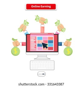 Icon flat style concept online earning. Business money, finance internet, payment income, financial commerce with computer, profit dollar illustration