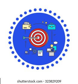 Icon flat style design goal setting. Business strategy, target and management, idea and plan, solution and achievement, objective and motivation, growth ambition illustration. Set of thin, lines icons