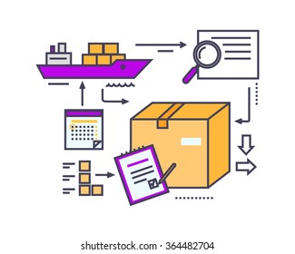 Icon flat style design maritime shipping. Ship and marine, nautical and travel, navigation transportation, vessel and transport, cargo label, business logistic, service export. Thin line outline icons