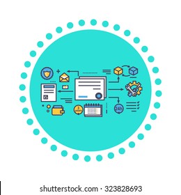 Icon flat style design quality service. Business and warranty support and answer advice and solution, efficiency and improvement, management strategy development illustration. Set of thin, lines icons