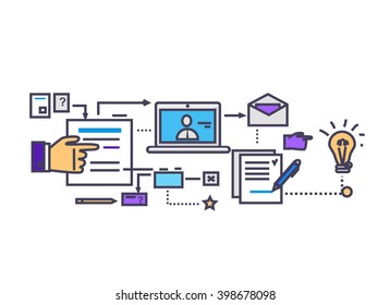 Icon flat style design search idea. Business management, development trend, digital information, strategy and planning, process and document, project promotion illustration. Thin line outline icons