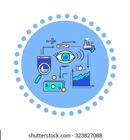 Icon flat style design vision development. Process management, project strategy marketing, innovation and money finance, organization plan illustration. Set of thin, lines icons