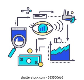 Icon flat style design vision development. Process management, project strategy marketing, innovation and money finance, organization plan illustration. Vision development thin line outline icons