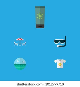 Icon flat summer set of sun cream, aqualung, sea and other vector objects. Also includes sun, cream, ocean elements.