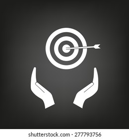 icon flat target with dart in black, isolated, shaded