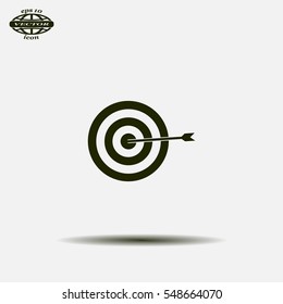 icon flat target with dart in black, isolated, shaded