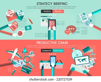 Icon Flat UI designs for business briefing, and developing process.  teamwork project planning, brainstorming , productive chain and marketing supply