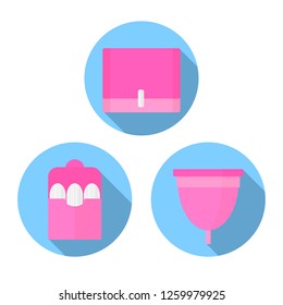 Icon flat vector set. Woman hygiene products - tampon, menstrual cup, sanitary