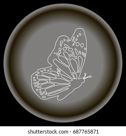 Icon flat white buterfly profile  in  white lines on grey plate. 