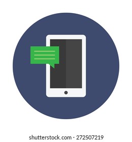 Icon flat white  mobile phone with green  message of 3 lines
