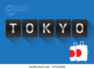 Icon Flip Font Name Tourist & Suitcase to TOKYO on blue background