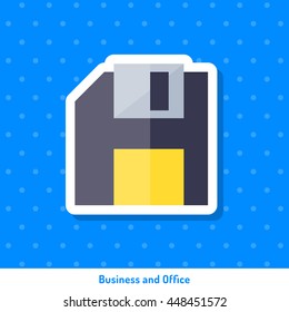 Icon of floppy disk on blue background in flat style. Sign, symbol, sticker for web design.